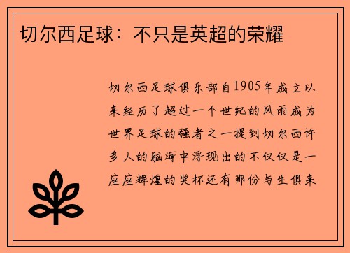切尔西足球：不只是英超的荣耀