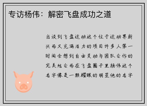 专访杨伟：解密飞盘成功之道