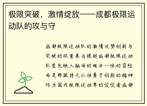 极限突破，激情绽放——成都极限运动队的攻与守