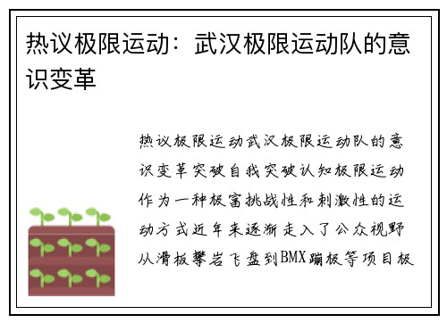 热议极限运动：武汉极限运动队的意识变革