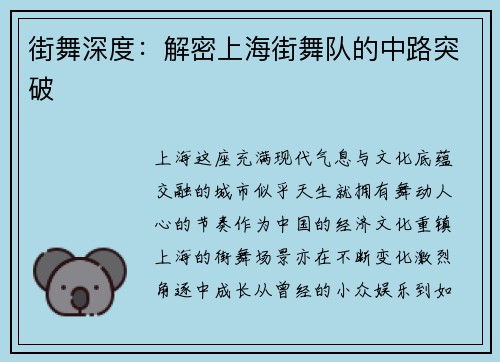 街舞深度：解密上海街舞队的中路突破